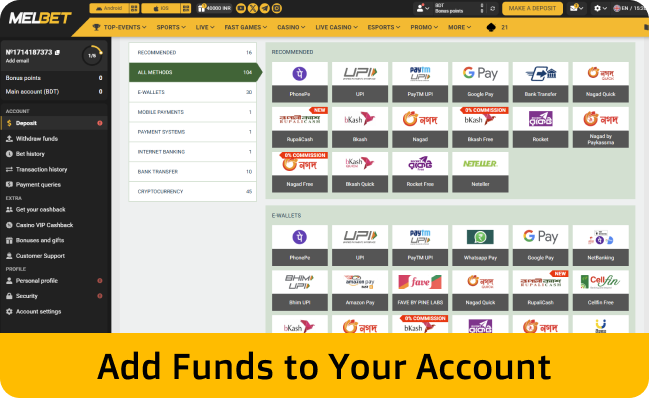 Click on the Melbet deposit tab